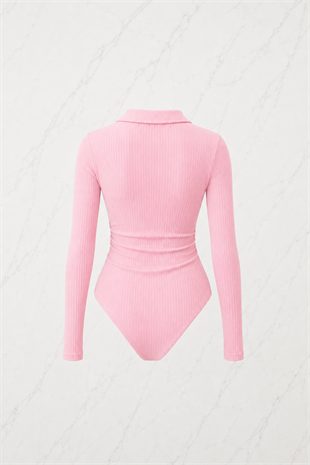Pembe Steed Polo Yaka Parmak Geçirme Detaylı Bluz