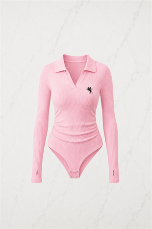 Pembe Steed Polo Yaka Parmak Geçirme Detaylı Bluz