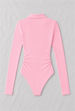 Pembe Steed Polo Yaka Parmak Geçirme Detaylı Bluz
