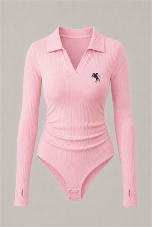 Pembe Steed Polo Yaka Parmak Geçirme Detaylı Bluz