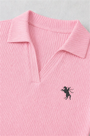 Pembe Steed Polo Yaka Parmak Geçirme Detaylı Bluz