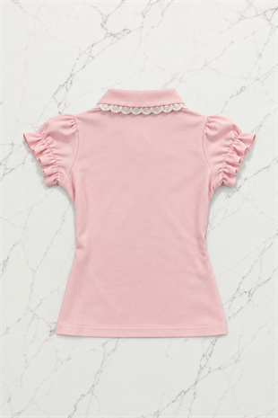 Pembe Strawberry Dantel Yaka Detaylı Y2K Kısa Kollu Crop