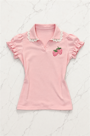 Pembe Strawberry Dantel Yaka Detaylı Y2K Kısa Kollu Crop
