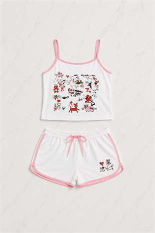 Pembe Sweet Cherry Askılı Şort Takım