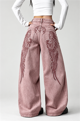 Pembe Yıkamalı Melek Kanatlı Harajuku Y2K Unisex Baggy Pantolon