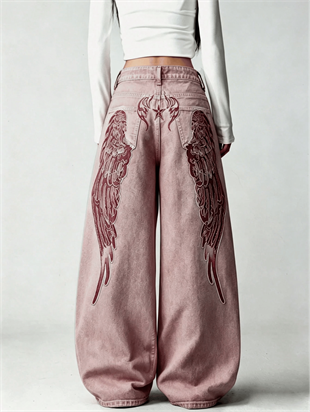 Pembe Yıkamalı Melek Kanatlı Harajuku Y2K Unisex Baggy Pantolon