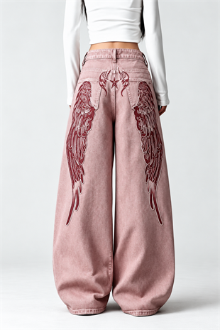 Pembe Yıkamalı Melek Kanatlı Harajuku Y2K Unisex Baggy Pantolon