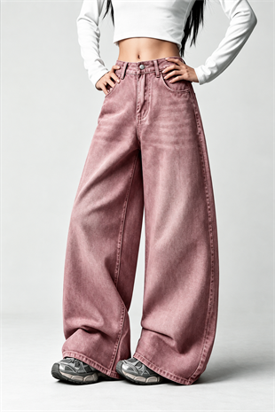 Pembe Yıkamalı Melek Kanatlı Harajuku Y2K Unisex Baggy Pantolon