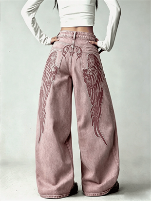 Pembe Yıkamalı Melek Kanatlı Harajuku Y2K Unisex Baggy Pantolon