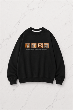 Pictures Baskılı Siyah Unisex Oversize Bisiklet Yaka Sweatshirt