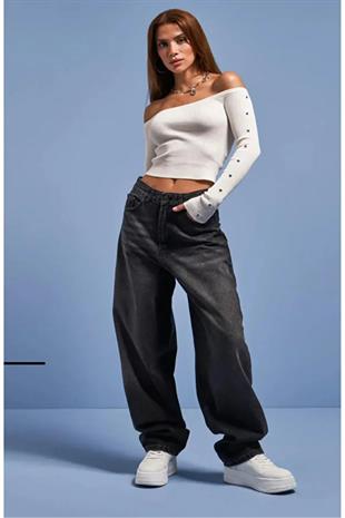 Pofidi Vintage Siyah Yıkamalı Baggy Jeans Pantolon