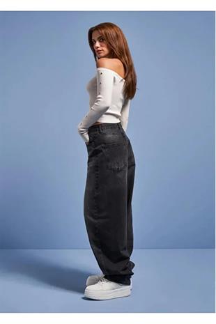 Pofidi Vintage Siyah Yıkamalı Baggy Jeans Pantolon