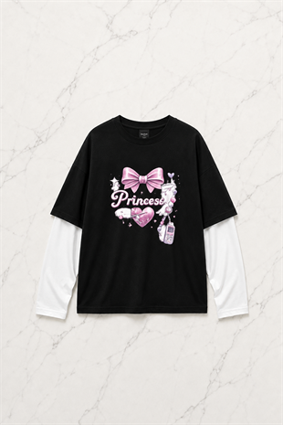 Princess Baskılı Siyah Reglan Kol Uzun T-shirt