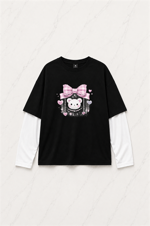 Princess Cute Baskılı Siyah Reglan Kol Uzun T-shirt