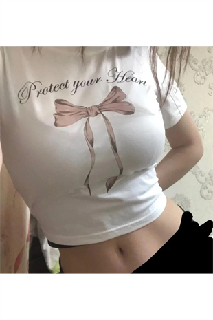 Protect Your Heart Baskılı Beyaz Crop
