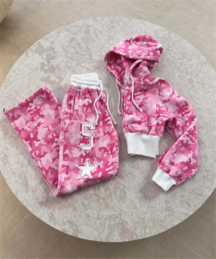 Pembe Kamuflaj Baggy Alt Üst Eşofman Takımı ( 3 İplik Şardonlu)