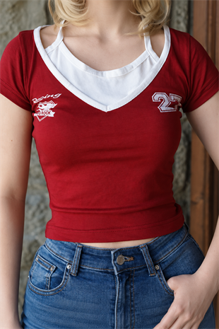 Retro 23 Kırmızı V Yaka Crop T-Shirt