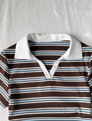 Retro Çizgili Solo Polo Yaka Kadın Bluz