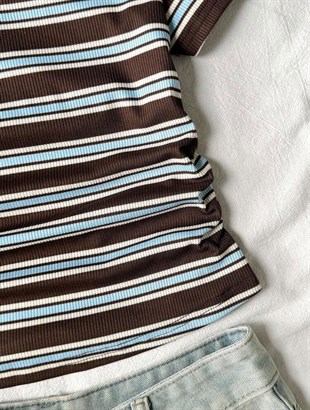 Retro Çizgili Solo Polo Yaka Kadın Bluz