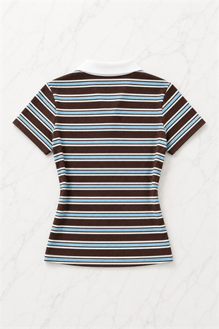 Retro Çizgili Solo Polo Yaka Kadın Bluz