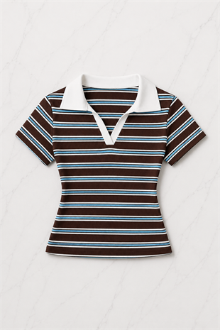 Retro Çizgili Solo Polo Yaka Kadın Bluz