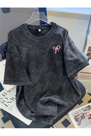 Ribbon Baskılı Yıkamalı Oversize Vintage Tshirt