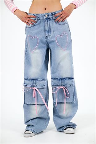 Ribbon Cargo Pocket Kar Yıkamalı Baggy Pantolon