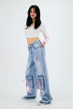 Ribbon Cargo Pocket Kar Yıkamalı Baggy Pantolon
