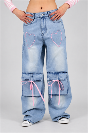 Ribbon Cargo Pocket Kar Yıkamalı Baggy Pantolon