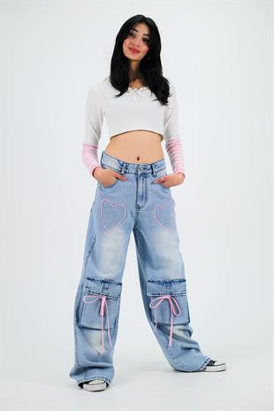Ribbon Cargo Pocket Kar Yıkamalı Baggy Pantolon