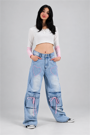 Ribbon Cargo Pocket Kar Yıkamalı Baggy Pantolon