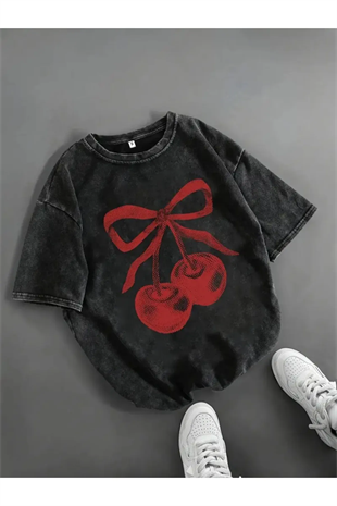 Ribbon Cherry Yıkamalı Oversize Vintage Tshirt