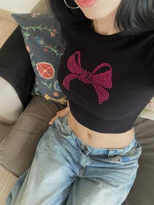 Ribbon Pembe Taş Baskılı Crop