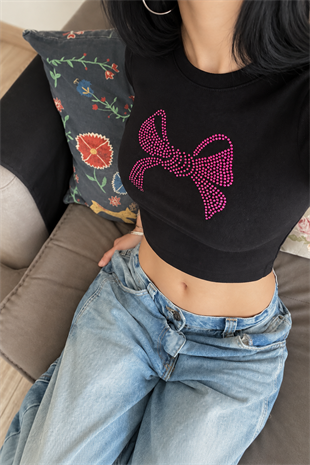 Ribbon Pembe Taş Baskılı Crop