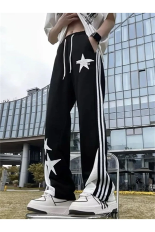 Rockstar Beyaz Çift Çizgili Yıldız Siyah Unisex Eşofman