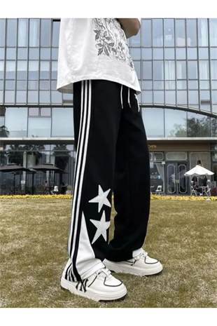 Rockstar Beyaz Çift Çizgili Yıldız Siyah Unisex Eşofman