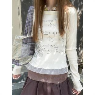 Romantic Melody Nota Desenli Patchwork Bluz