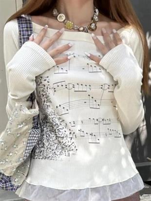 Romantic Melody Nota Desenli Patchwork Bluz