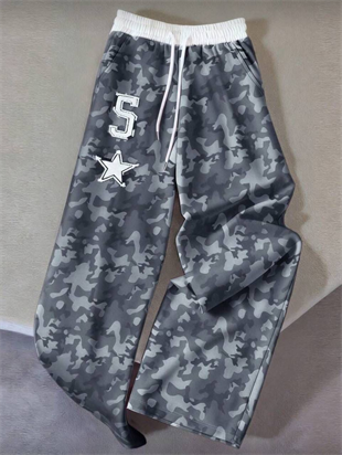 5 Star Gri Kamuflaj Nakışlı Baggy Unisex Eşofman Altı