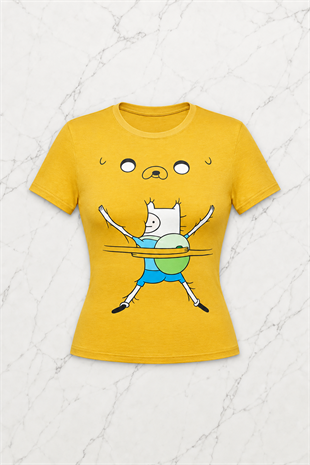Sarı Adventure Time Fin and Jack Y2K Kısa Kollu Crop
