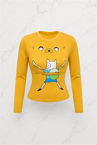 Sarı Adventure Time Finn and Jack Y2K Uzun Kollu Crop