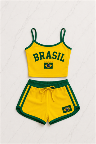 Sarı Brasil Detail Askılı Crop - Şort Takım
