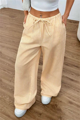 Sarı Çizgili Beli Lastikli Y2K Bol Paça Pantolon