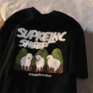 Sheep Detaylı Oversize Unisex Siyah T-shirt