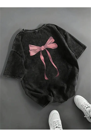 Sırt Baskılı Fiyonk Yıkamalı Oversize Vintage Tshirt