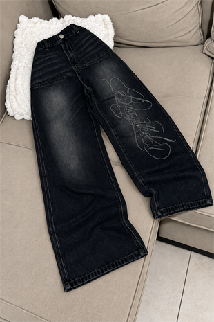 Siyah Angel Baby Parlak Taşlı Baggy Pantolon