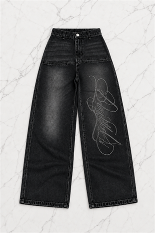 Siyah Angel Baby Parlak Taşlı Baggy Pantolon