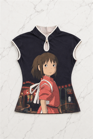Siyah Anime Ghibli Vintage Y2K Kısa Kollu Crop