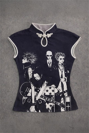 Siyah Anime Nana Qipao Vintage Y2K Kısa Kollu Crop