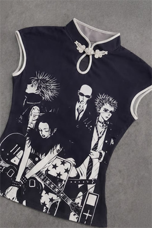 Siyah Anime Nana Qipao Vintage Y2K Kısa Kollu Crop